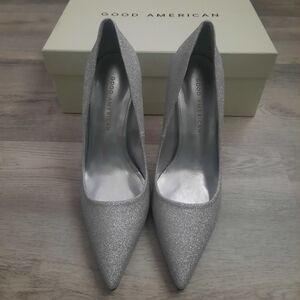 Good American Shimmering Silver Heels